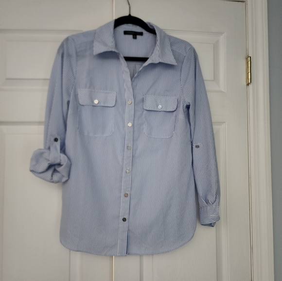 Adrianne Vittadini blue and white striped blouse sz M versatile and lightweight - Picture 1 of 7